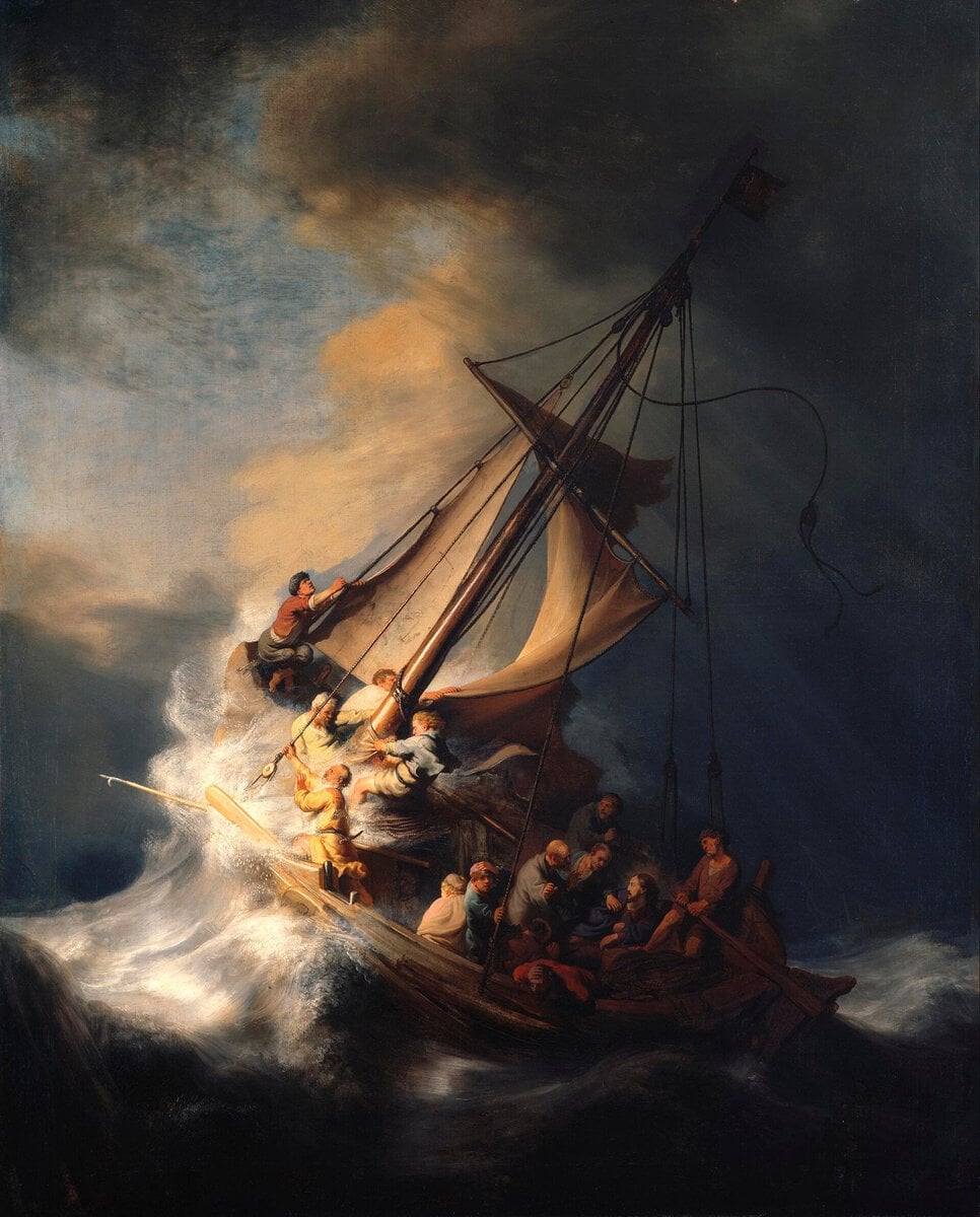 Rembrandt'ın Celile Gölü'nde Fırtına tablosu: dev dalgalar arasında yan yatmış bir tekne ve içinde çabalayan havariler (Rembrandt, 1633)