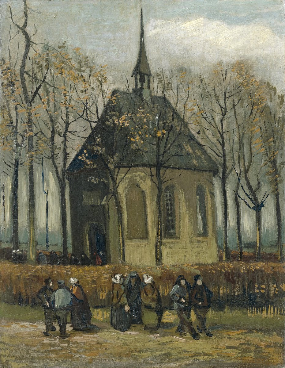 Van Gogh'un Nuenen'deki Reform Kilisesi'nden Çıkan Cemaat tablosu: kışın çıplak ağaçlar arasında küçük bir kilise ve önünde yürüyen insanlar (Vincent van Gogh, 1884–1885)