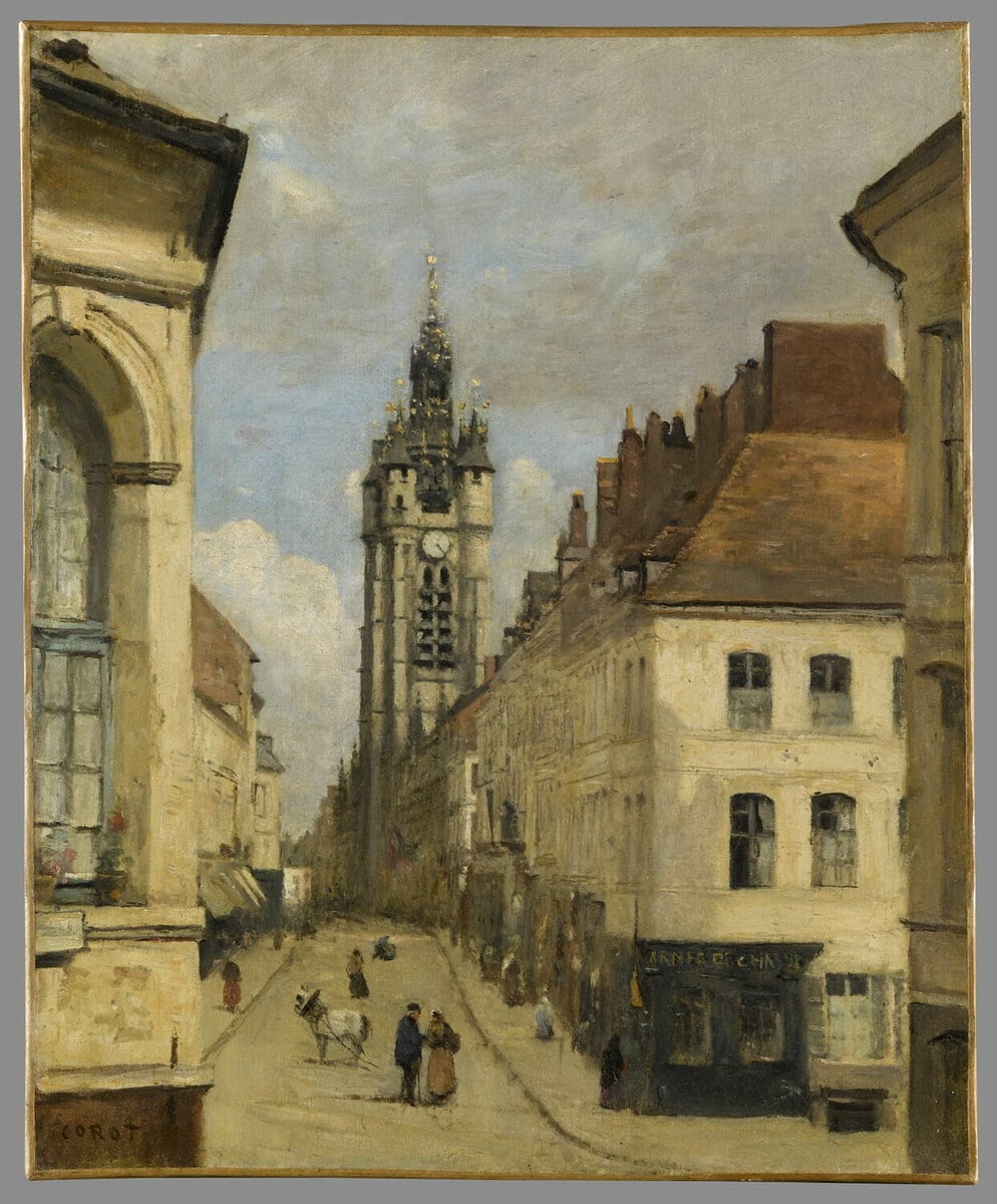 Camille Corot'nun Douai Çan Kulesi tablosu: evlerin ardından yükselen gotik kule