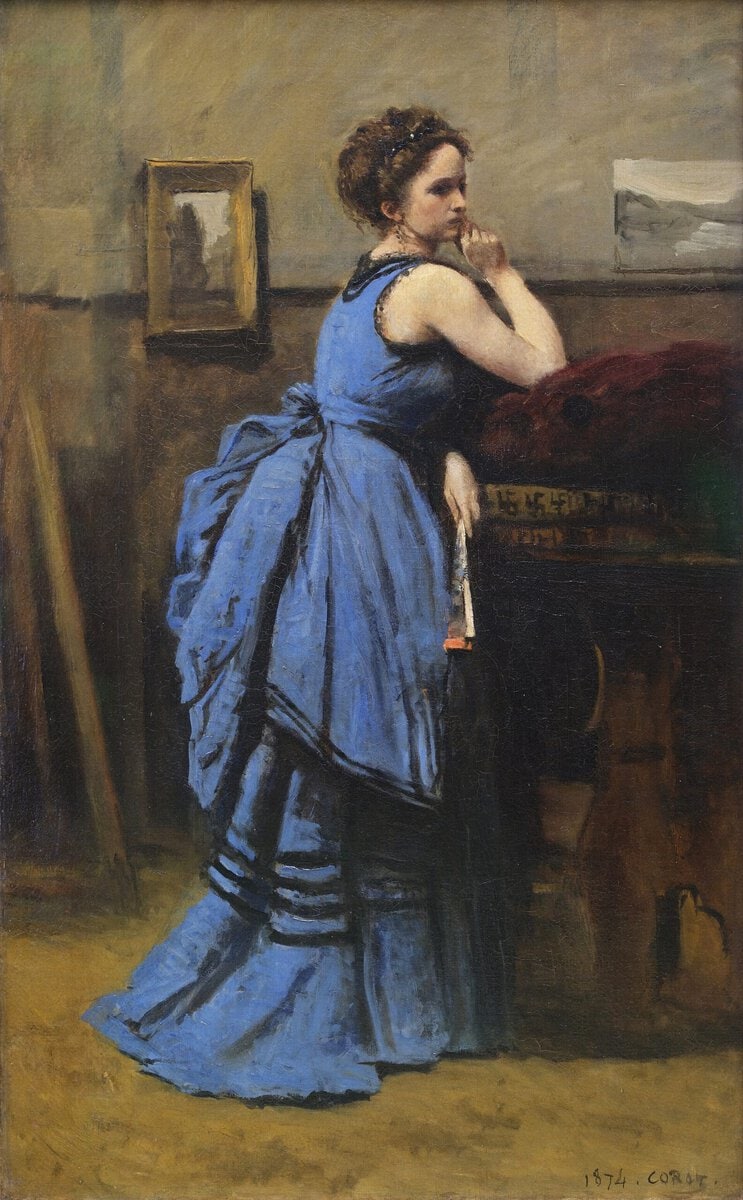 Camille Corot'nun Mavili Kadın tablosu: mavi elbiseli, elinde yelpaze tutan kadın