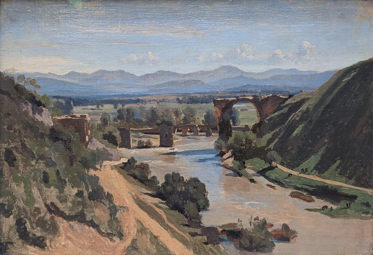Camille Corot'nun Narni Köprüsü eskizi, 1826: nehir üzerinde yıkık Roma köprüsü