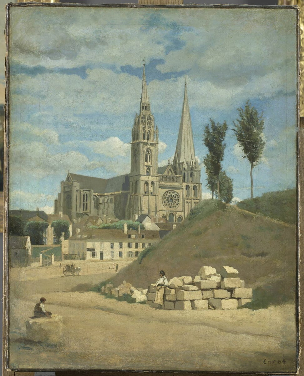 Camille Corot'nun Chartres Katedrali tablosu, 1830: ön planda yamaç ve arkada katedral
