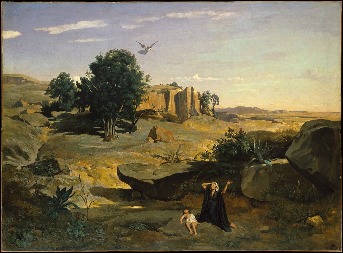 Camille Corot'nun Çölde Hacer tablosu, 1835: kurak manzarada Hacer, İsmail ve gökten inen melek
