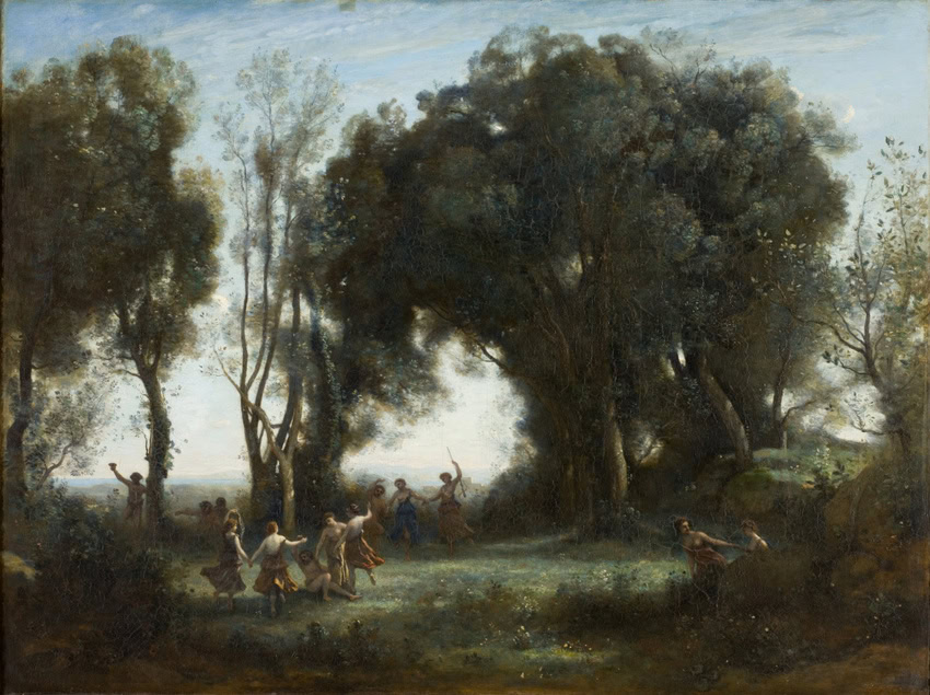 Camille Corot'nun Sabah, Perilerin Dansı tablosu: ağaçlar altında dans eden periler