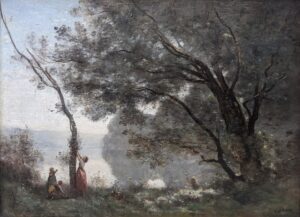Camille Corot'nun Mortefontaine Hatırası tablosu: göl kıyısında ağaçtan dal toplayan kadın ve çocuklar