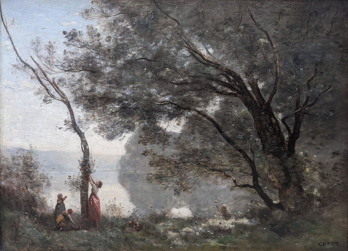 Camille Corot'nun Mortefontaine Hatırası tablosu: göl kıyısında ağaçtan dal toplayan kadın ve çocuklar