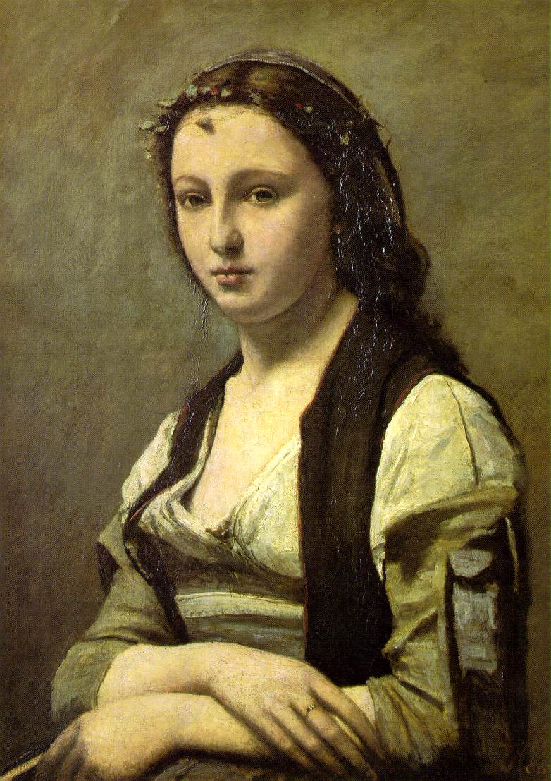 Camille Corot'nun İncili Kadın tablosu: kollarını kavuşturmuş, yaprak tacı takan genç kadın