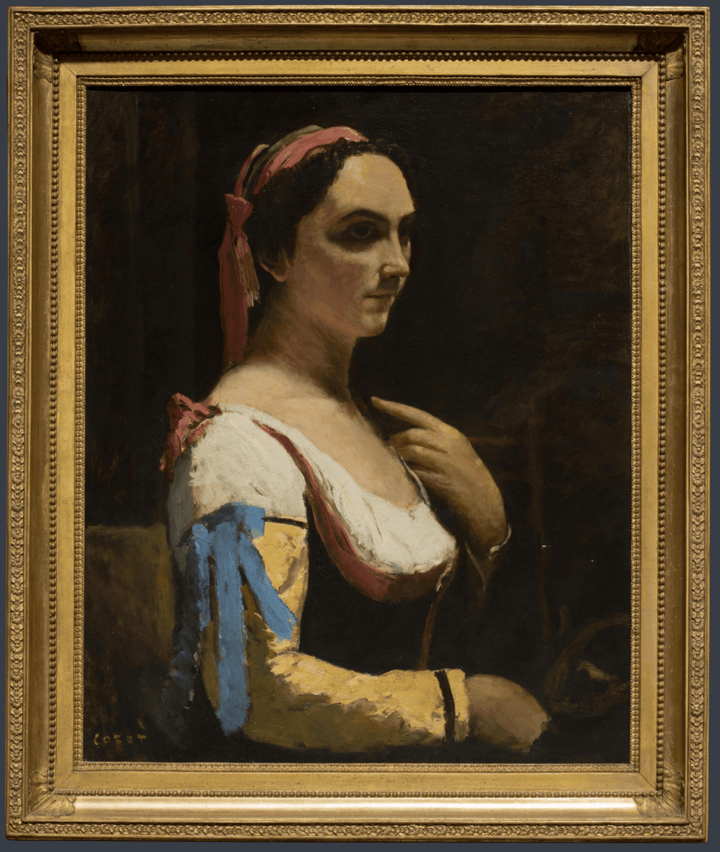 Camille Corot'nun İtalyan Kadın tablosu: sarı kollu kostüm giymiş, elinde ayna tutan kadın