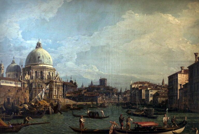 Canaletto, Büyük Kanal ve Salute Kilisesi: solda Santa Maria della Salute'nin kubbesi, kanal boyunca saraylar ve önde gondollar, yaklaşık 1735