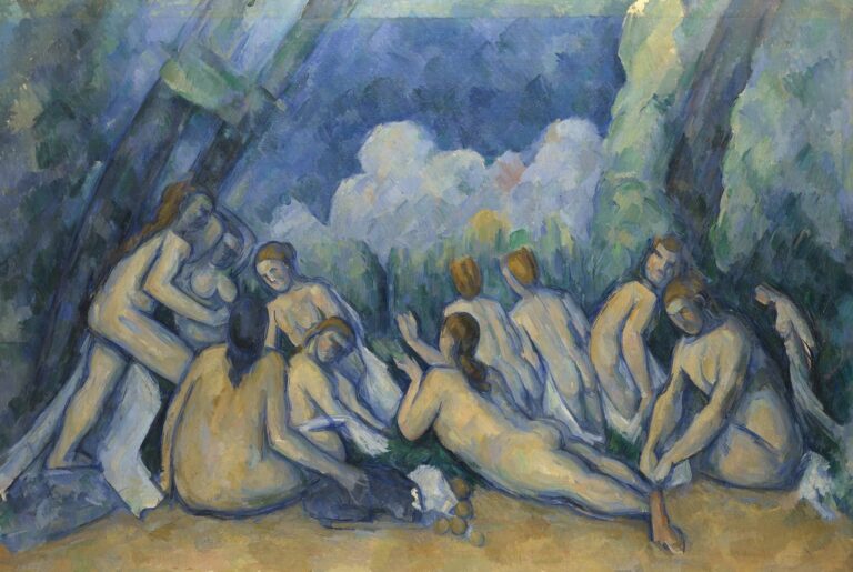 Paul Cézanne, Büyük Yıkananlar: eğik ağaçların altında, mavi gökyüzü önünde bir araya toplanmış çıplak kadın figürleri, yaklaşık 1894–1905