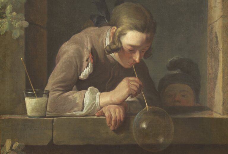 Jean Siméon Chardin, Sabun Köpükleri: taş pencere pervazına eğilmiş genç, kamışla büyük bir sabun köpüğü üflüyor, arkasından küçük bir çocuk bakıyor, yaklaşık 1733–1734