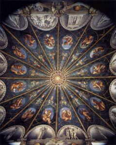 Correggio'nun Parma'daki San Paolo Odası tavanı: oval açıklıklardan bakan çocuklar ve çardak süslemesi, 1518–1519