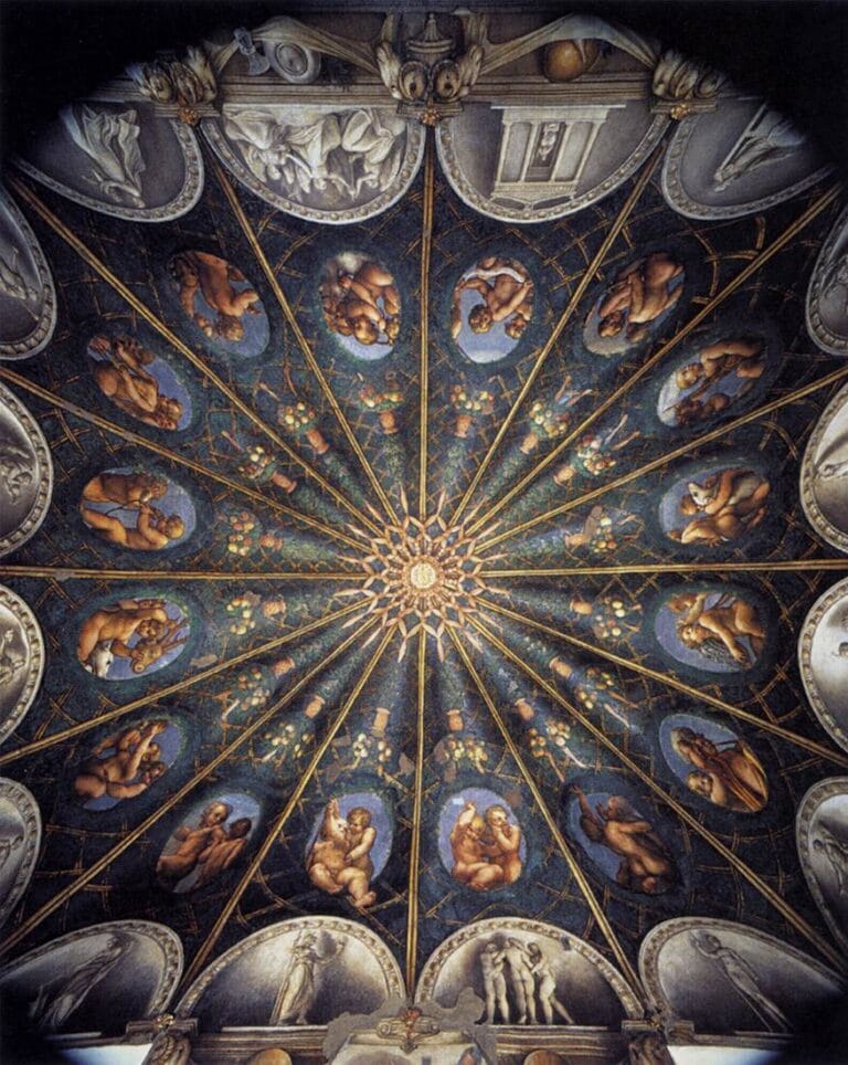 Correggio'nun Parma'daki San Paolo Odası tavanı: oval açıklıklardan bakan çocuklar ve çardak süslemesi, 1518–1519