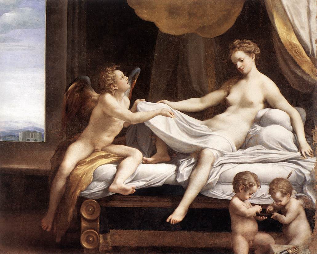 Correggio'nun Danae tablosu: yatakta oturan Danae, Cupid ve altın yağmuru