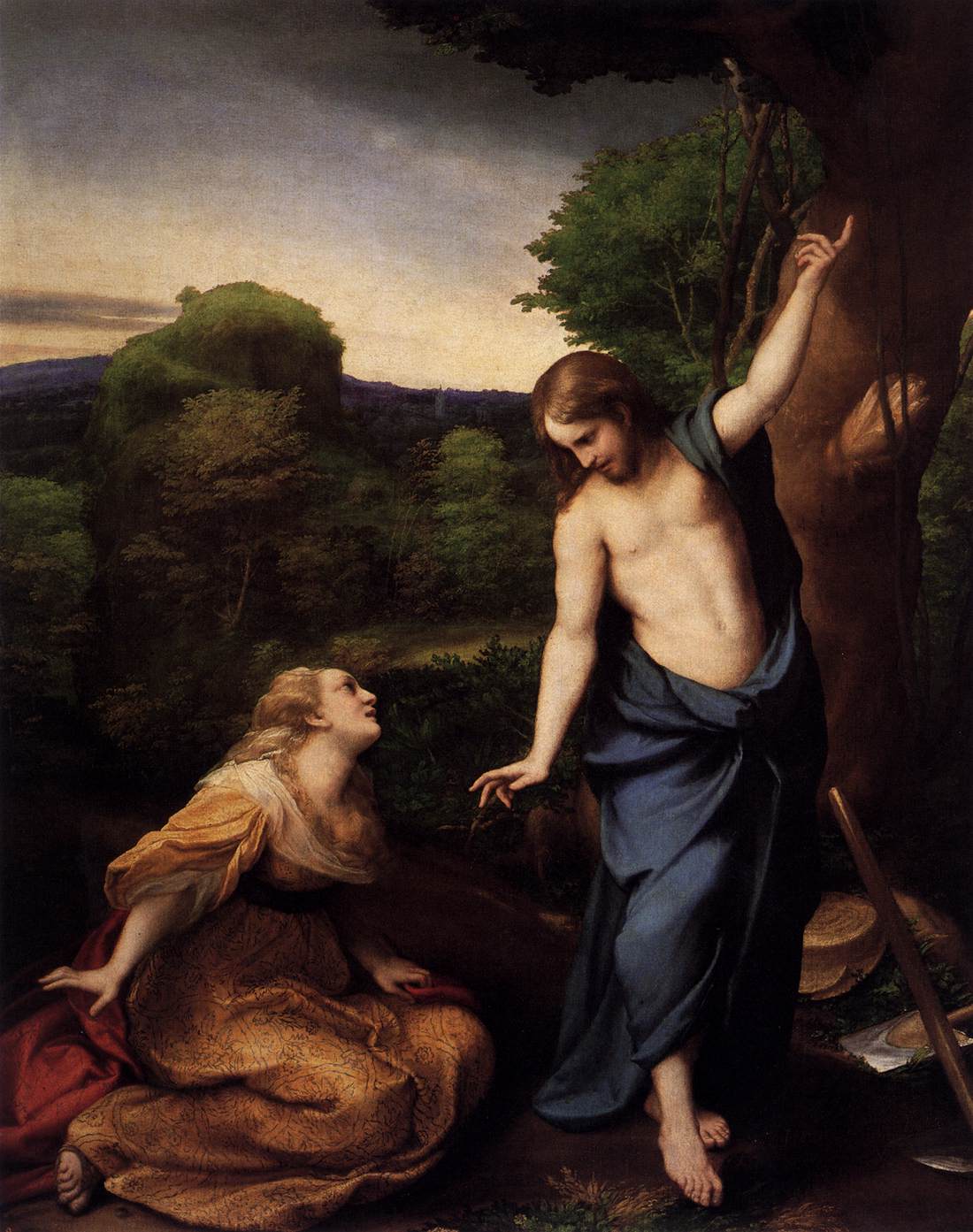 Correggio'nun Noli me tangere tablosu: bahçede dirilen İsa ve önünde diz çöken Mecdelli Meryem