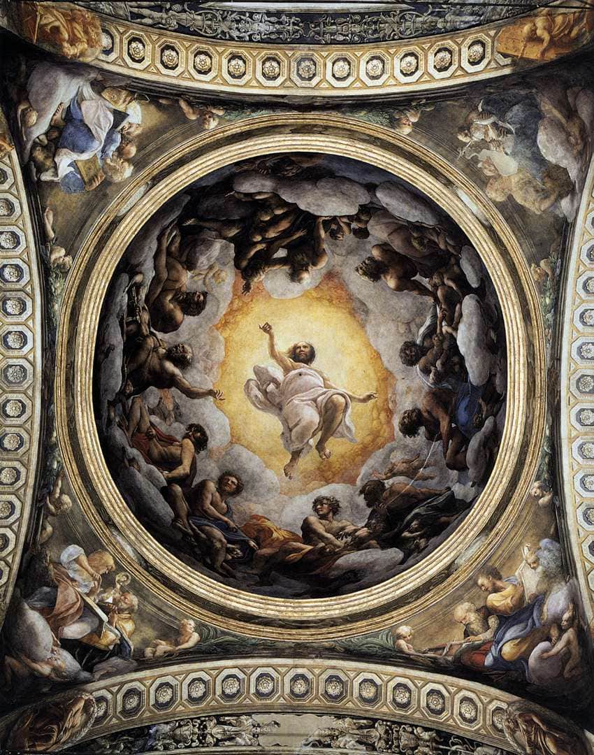 Correggio'nun Parma San Giovanni Evangelista Kilisesi kubbesi: bulutlar üzerinde havariler ve gökten inen İsa, 1520–1521