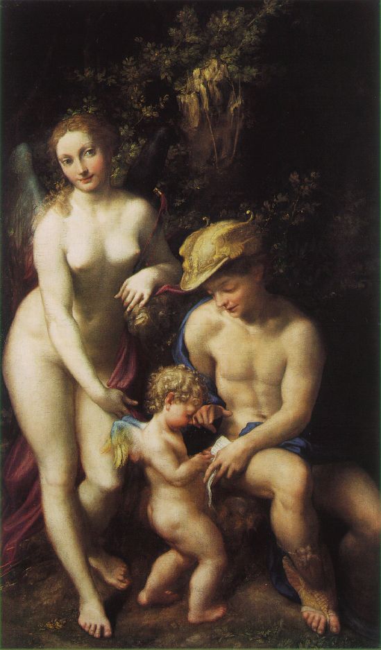 Correggio'nun Aşk Okulu tablosu: kanatlı Venüs, Cupid'e okumayı öğreten Merkür