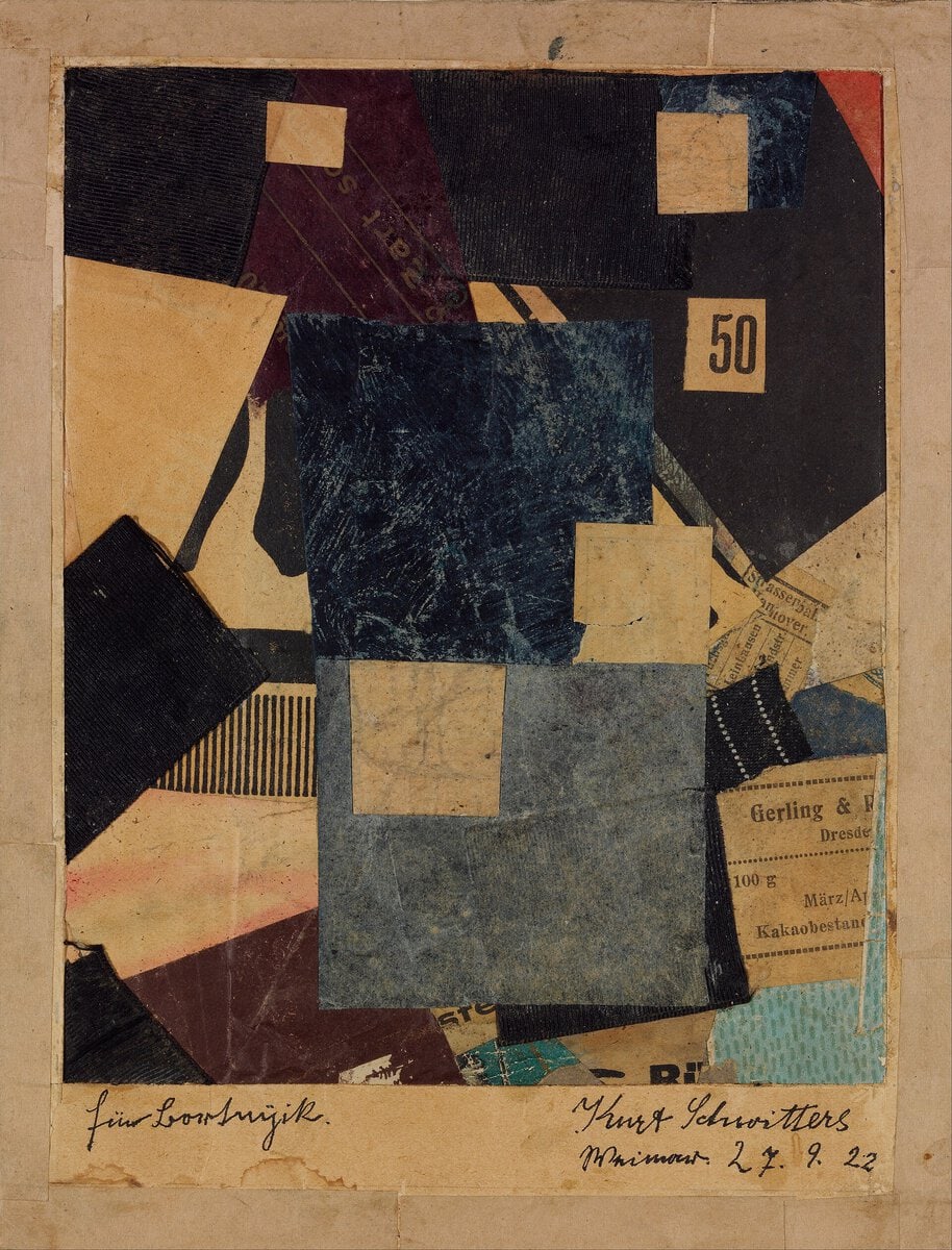 Kurt Schwitters'in Merz 50 adlı kolajı: kesilmiş kağıt parçalarından oluşan küçük bir kompozisyon (Kurt Schwitters, 1922)