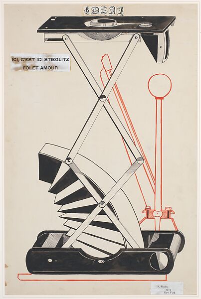 Francis Picabia'nın Ici, c'est ici Stieglitz adlı çizimi: mekanik bir düzenek ve üstünde yazılar (Francis Picabia, 1915)