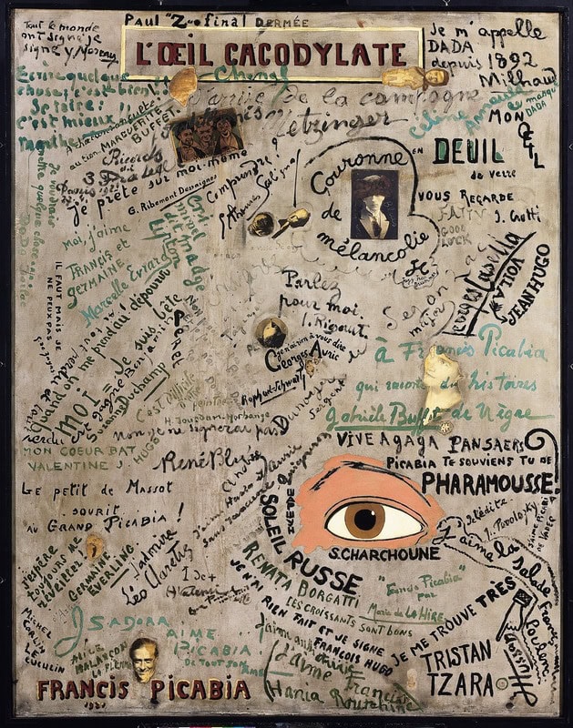 Francis Picabia'nın L'Oeil cacodylate tablosu: ortasında büyük bir göz ve çevresinde el yazıları bulunan tuval (Francis Picabia, 1921)