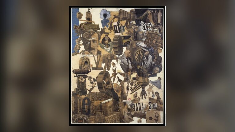 Hannah Höch'ün Mutfak Bıçağıyla Kesik fotomontajı: gazete kesiklerinden insan yüzleri, makine parçaları ve Dada yazıları