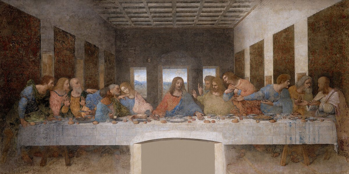 Leonardo da Vinci'nin Son Akşam Yemeği duvar resmi: uzun bir masada ortada oturan İsa ve iki yanında üçerli gruplar halinde havariler (yaklaşık 1495–1498)