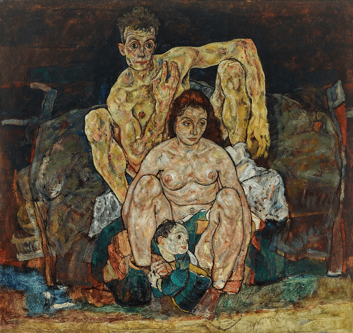 Egon Schiele'nin Aile tablosu: arkada oturan erkek, önünde kadın ve küçük bir çocuk
