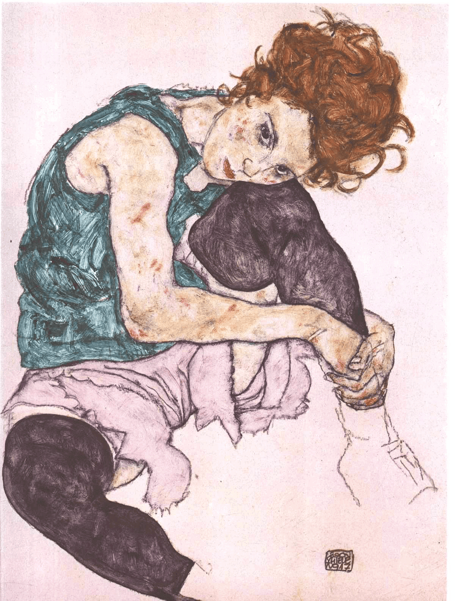 Egon Schiele'nin Dizini Bükmüş Oturan Kadın çizimi