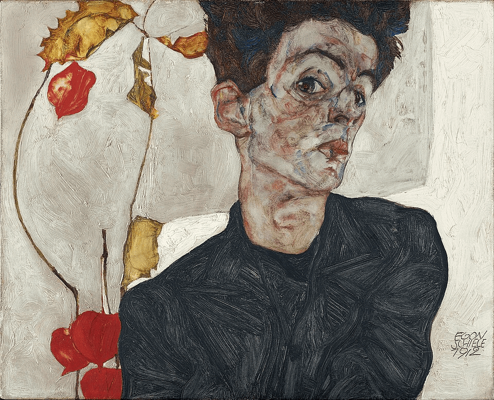 Egon Schiele'nin Fener Çiçekli Otoportre tablosu: omzunun üzerinden bakan ressam ve turuncu meyveli dal