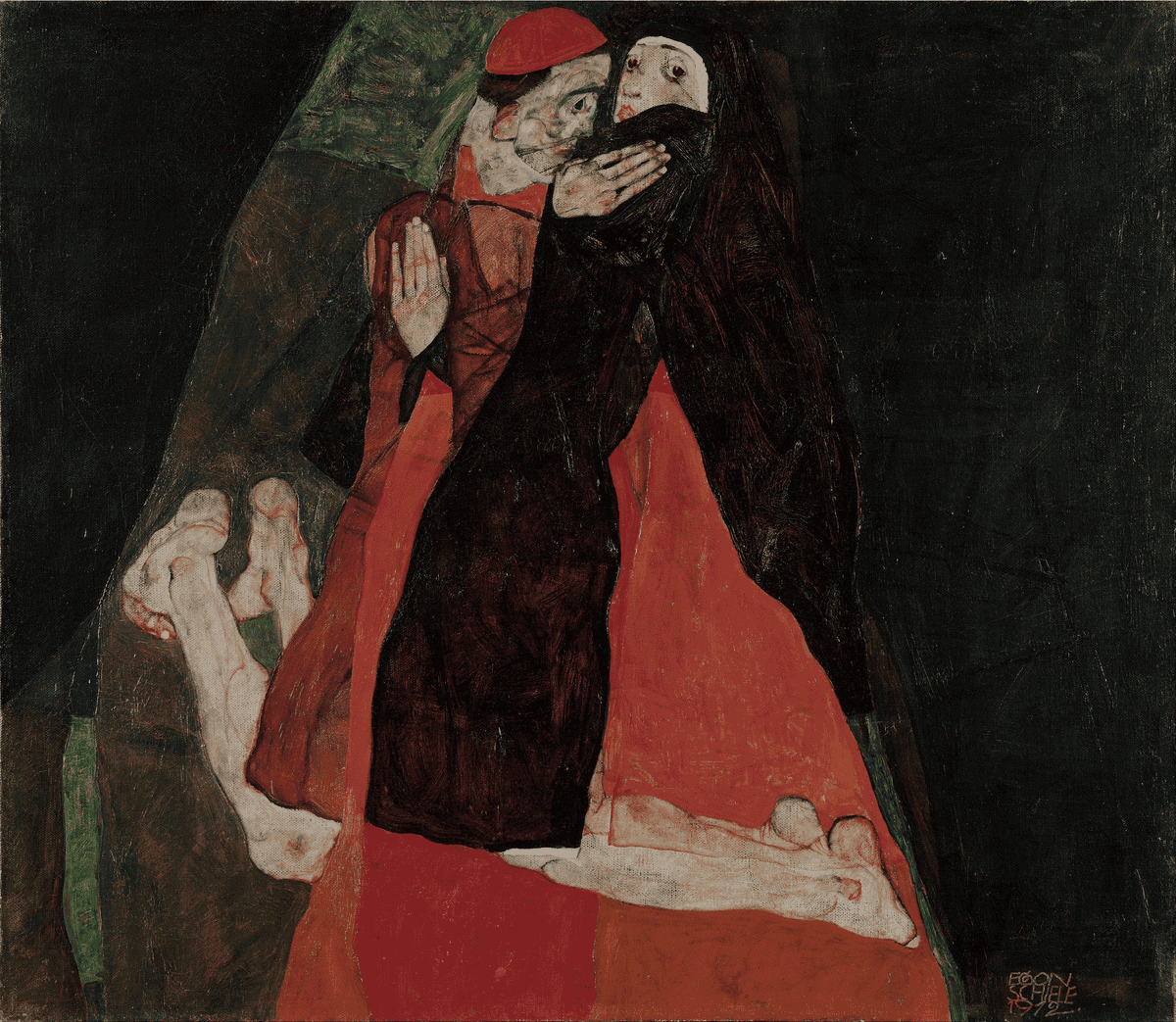 Egon Schiele'nin Kardinal ve Rahibe tablosu: diz çökmüş halde sarılan kırmızı cüppeli kardinal ve rahibe