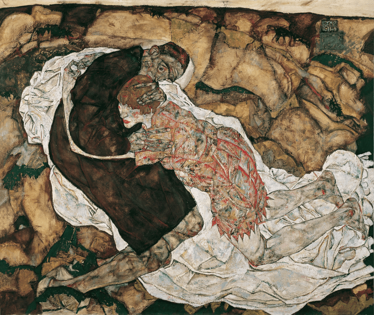 Egon Schiele'nin Ölüm ve Genç Kız tablosu: buruşuk bir örtü üzerinde sarılan erkek ve kadın