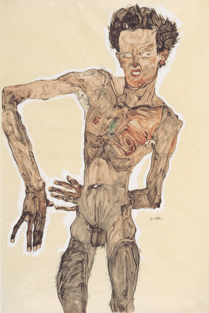 Egon Schiele'nin yüzünü buruşturan çıplak otoportresi: boş zeminde sıska bir beden