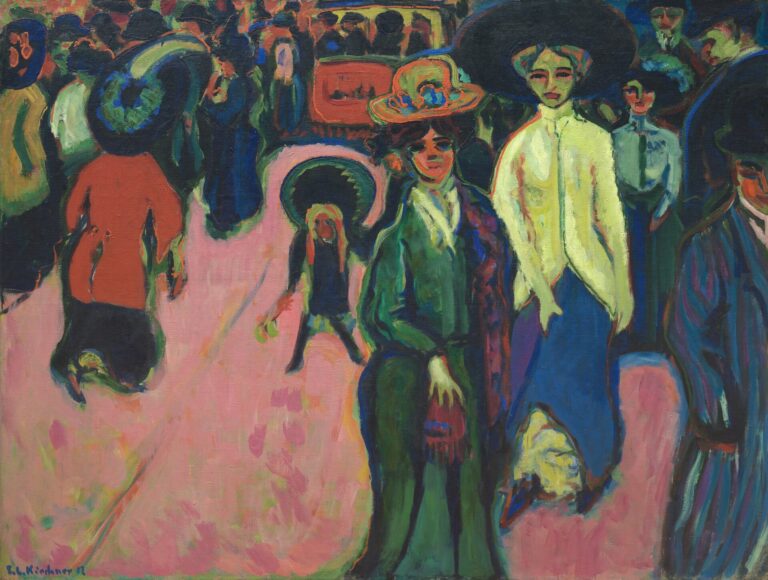 Ernst Ludwig Kirchner'in Sokak, Dresden tablosu, 1908: keskin renklerle boyanmış kalabalık bir şehir sokağı