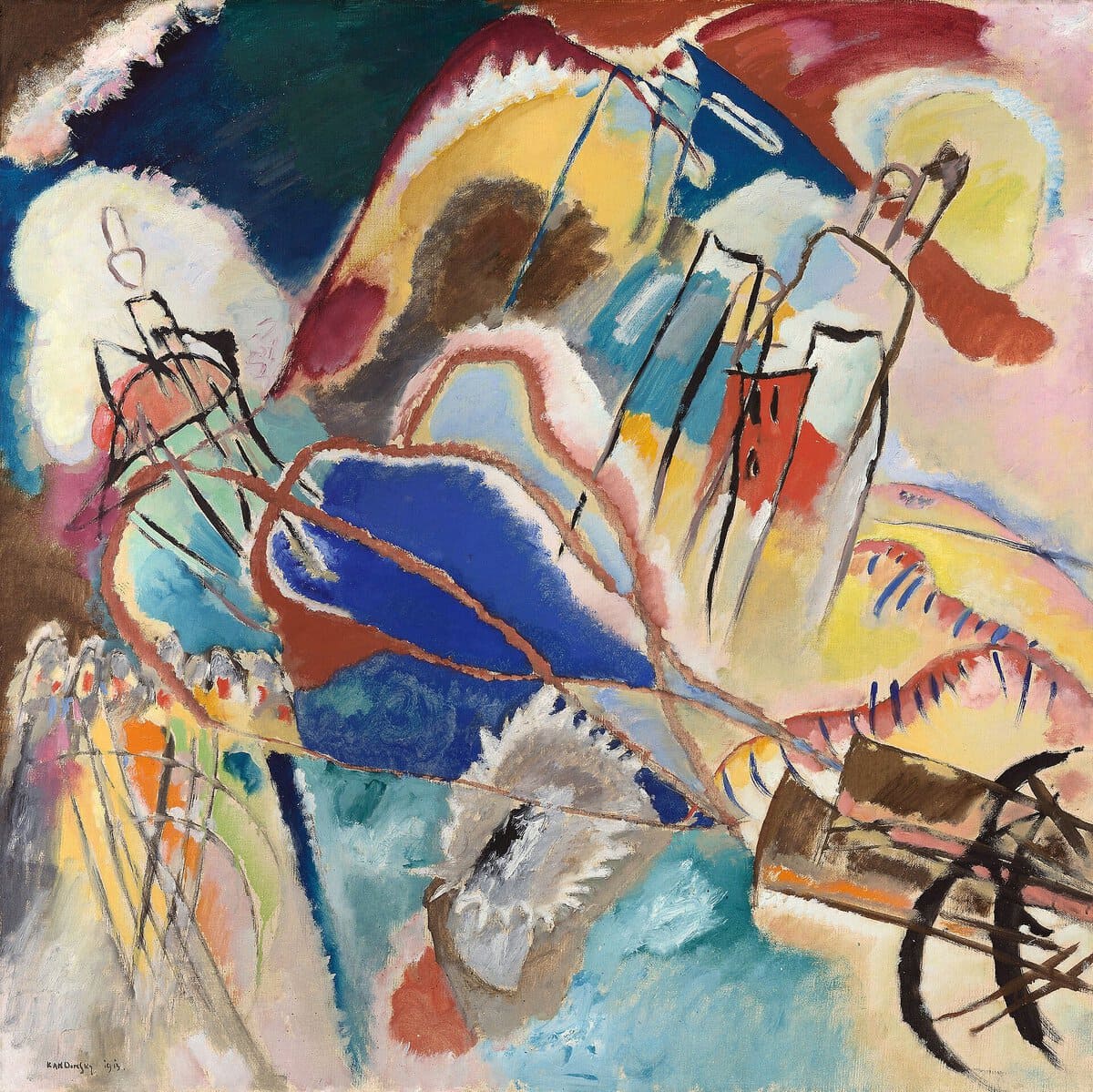Wassily Kandinsky'nin Doğaçlama No. 30 (Toplar) tablosu, 1913: renk lekeleri arasında seçilen toplar ve binalar