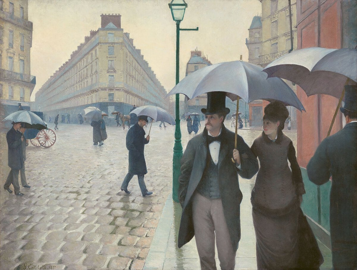 Gustave Caillebotte'un Paris Sokağı; Yağmurlu Gün tablosu, 1877: şemsiyeli Parisliler ve ıslak parke taşları