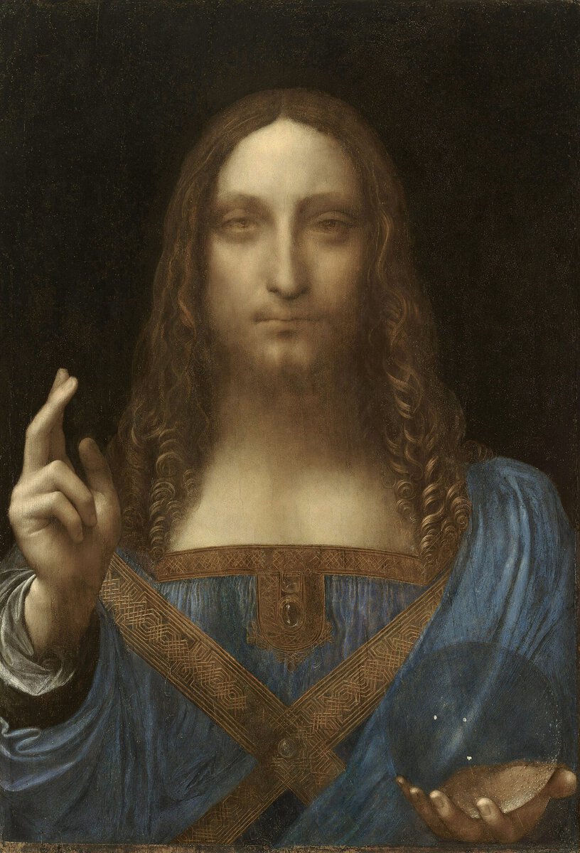 Leonardo da Vinci'ye atfedilen Salvator Mundi tablosu: bir elini kutsama için kaldırmış, diğer elinde kristal bir küre tutan İsa (yaklaşık 1500)