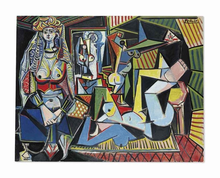 Pablo Picasso'nun Cezayirli Kadınlar (Versiyon O) tablosu: renkli, köşeli biçimlerle çizilmiş bir harem odasında kadınlar