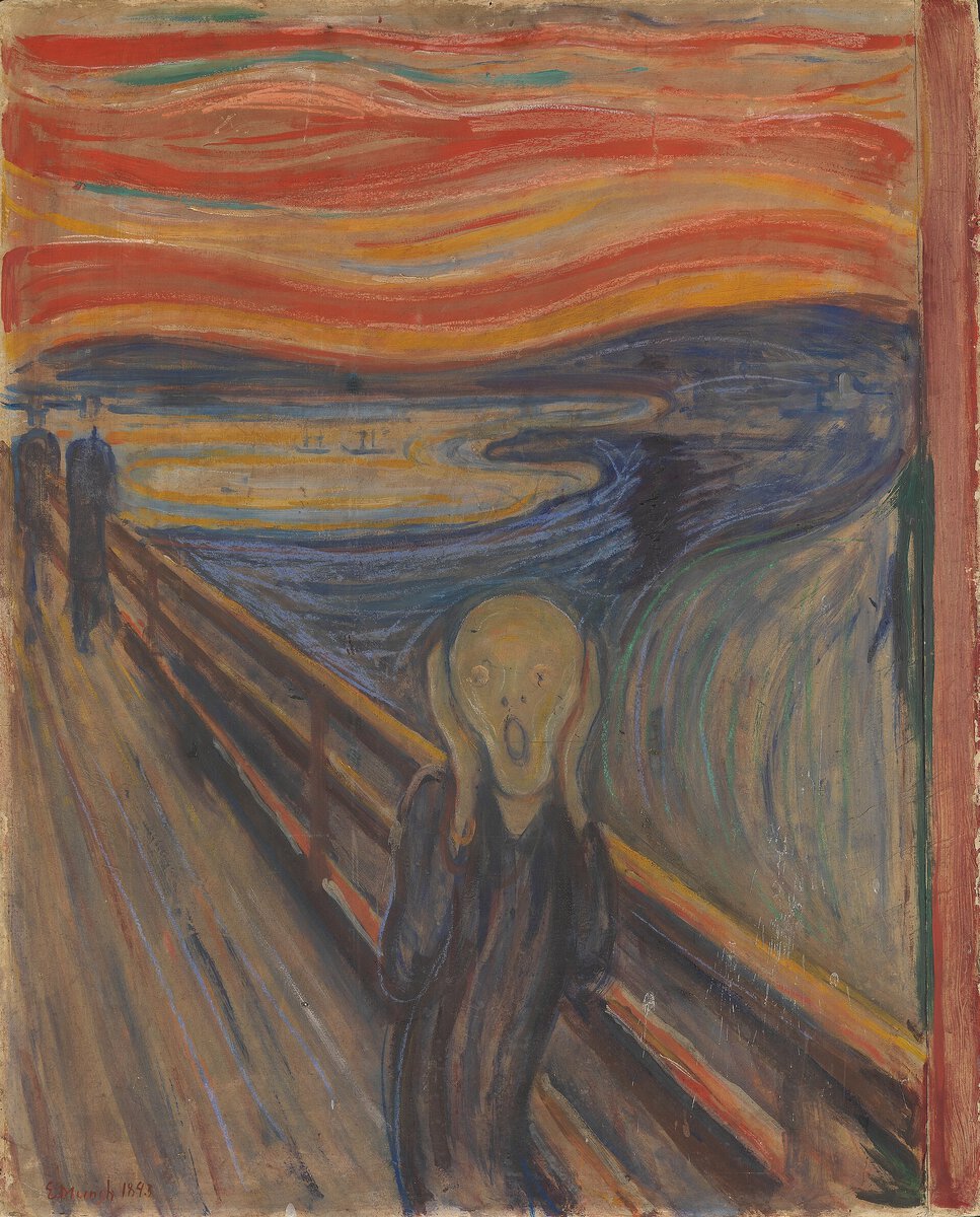 Edvard Munch'un Çığlık tablosu: kızıl gökyüzü altında köprüde ellerini yüzüne kapatan figür (1893)