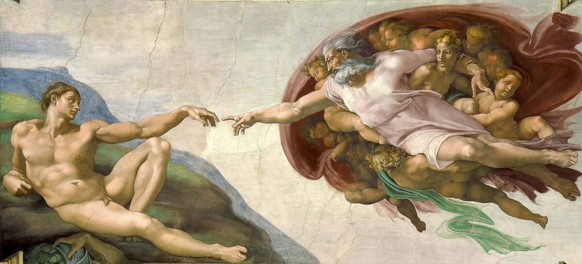 Michelangelo'nun Adem'in Yaratılışı freski: Tanrı ile Adem'in birbirine uzanan parmakları (yaklaşık 1511)