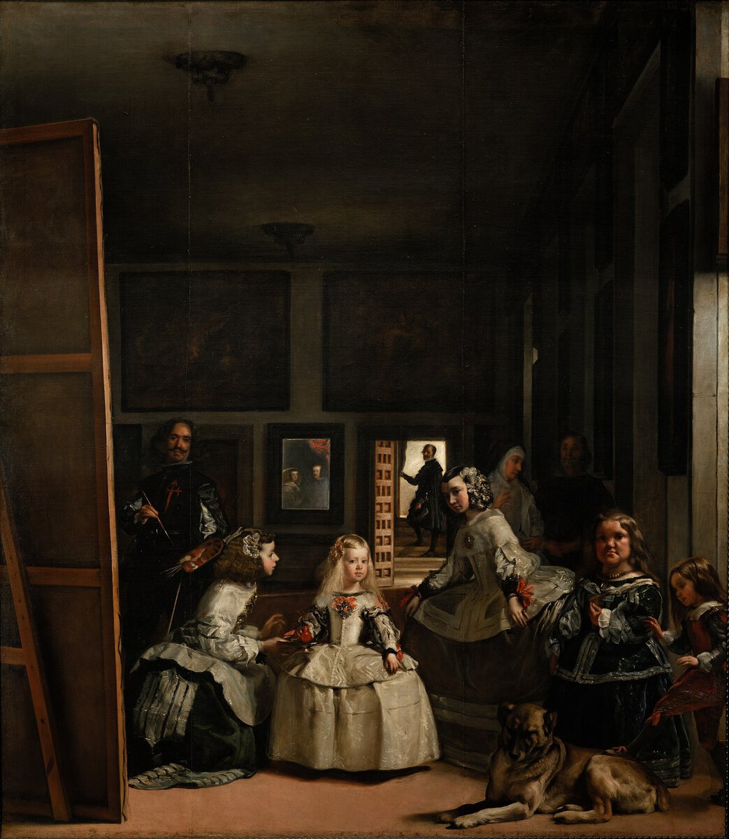Diego Velazquez'in Las Meninas tablosu: küçük prenses, nedimeleri ve tuvalinin başındaki ressam (1656)