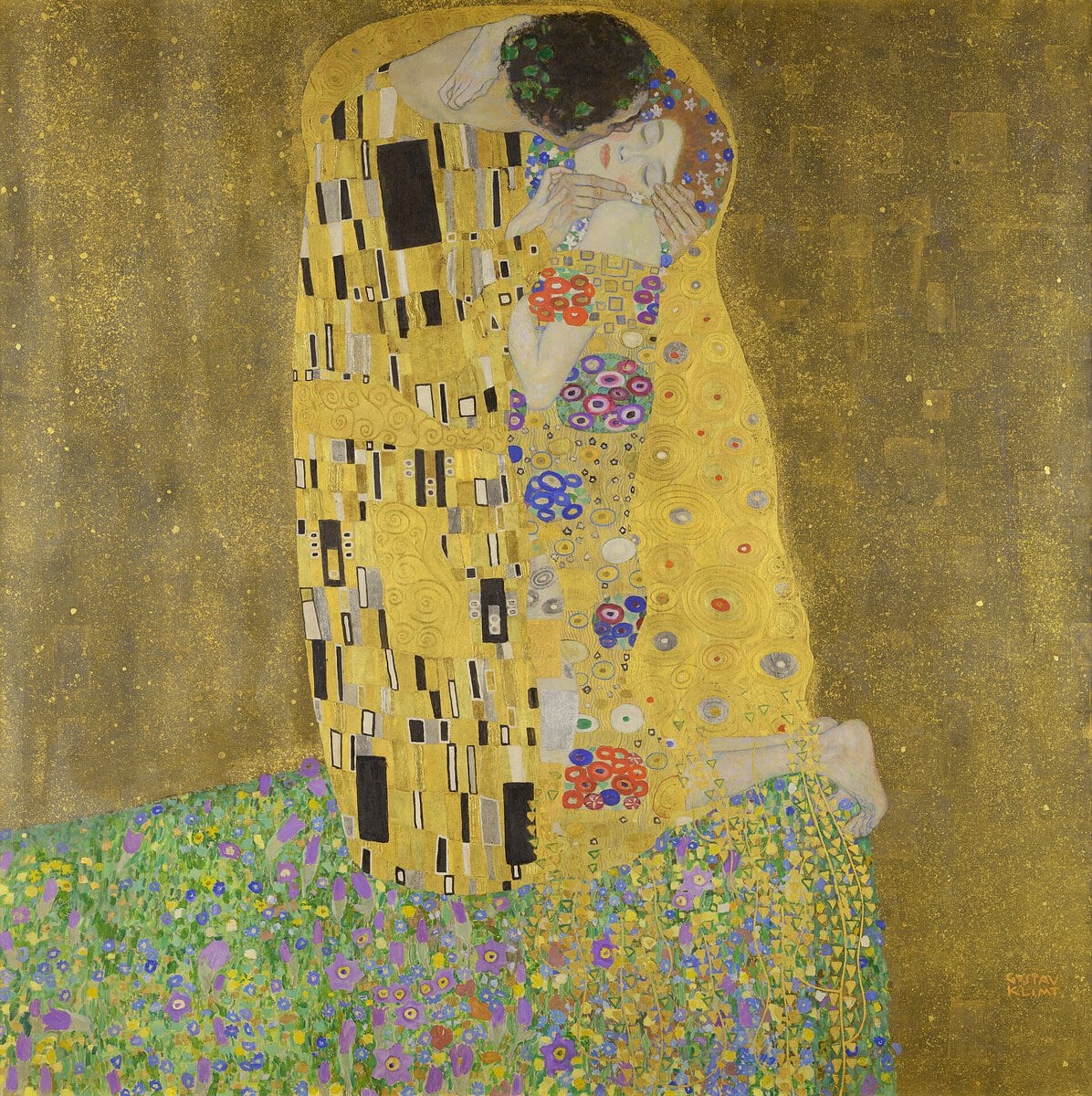Gustav Klimt'in Öpücük tablosu: altın desenli giysiler içinde kucaklaşan çift (1908–1909)