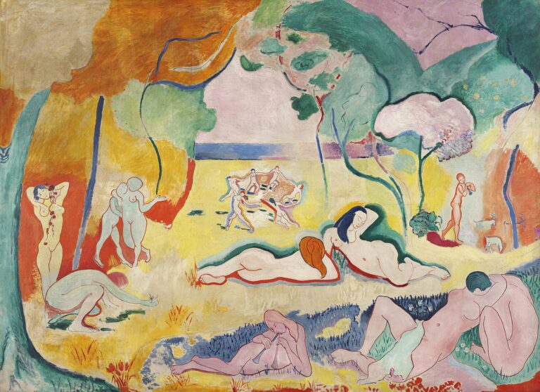 Henri Matisse'in Yaşama Sevinci tablosu: renkli bir kırda dans eden ve uzanan çıplak figürler, 1905–1906