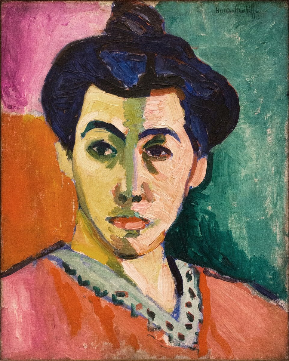 Henri Matisse'in Yeşil Çizgi adıyla bilinen Madame Matisse portresi: alnından çenesine inen yeşil bir çizgiyle ikiye bölünmüş kadın yüzü, 1905