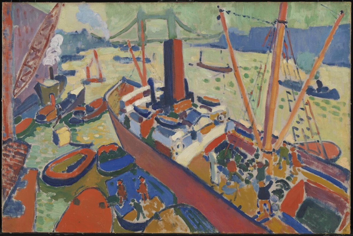 André Derain'in Londra Limanı tablosu: Thames nehrinde parlak renklerle boyanmış gemiler ve iskeleler, 1906