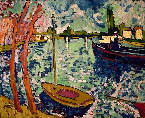 Maurice de Vlaminck'in Chatou'da Seine tablosu: canlı kırmızı ağaç gövdeleri, mavi su ve kıyıda bir tekne