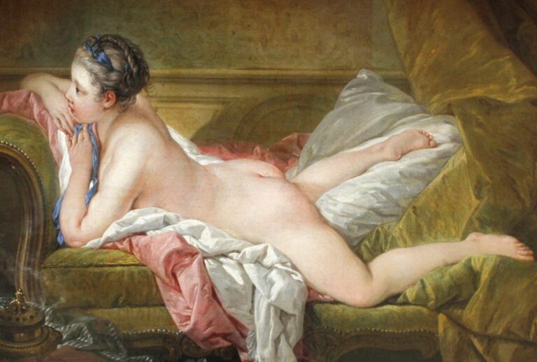 François Boucher, Dinlenen Kız: saçında mavi kurdele olan genç kadın, ipek yastıklı bir sedire yüzüstü uzanmış, 1751