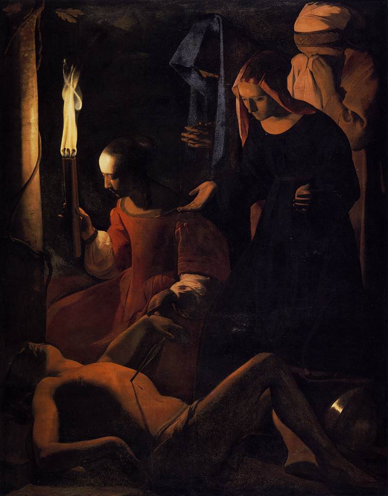 Georges de La Tour'un Aziz Sebastian'ı İyileştiren İrene tablosu, meşale ışığında yaralı Sebastian ve ağlayan kadınlar, yaklaşık 1649
