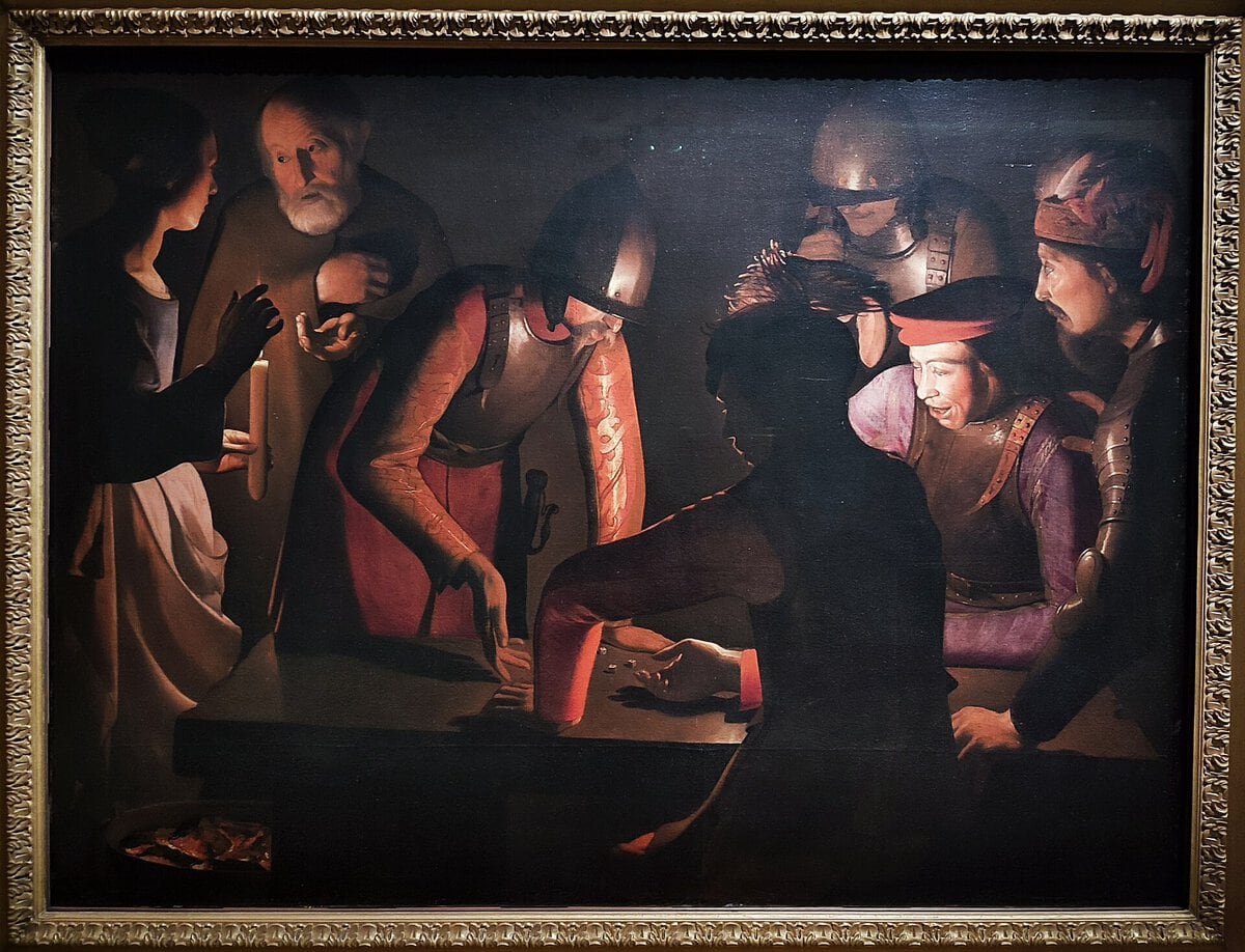 Georges de La Tour'un Aziz Petrus'un İnkarı tablosu, mum tutan hizmetçi kız, yaşlı Petrus ve zar oynayan askerler, 1650
