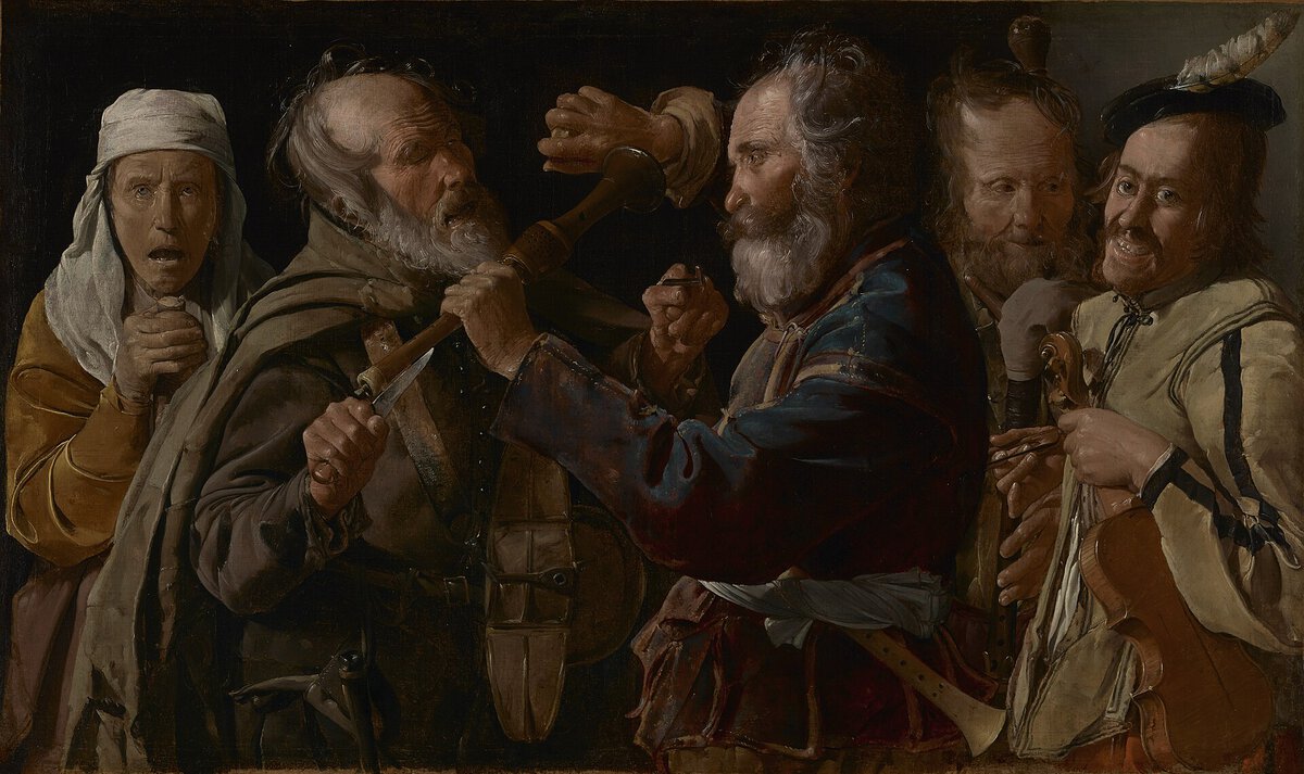 Georges de La Tour'un Müzisyenlerin Kavgası tablosu, birbirine giren sokak müzisyenleri, yaklaşık 1625