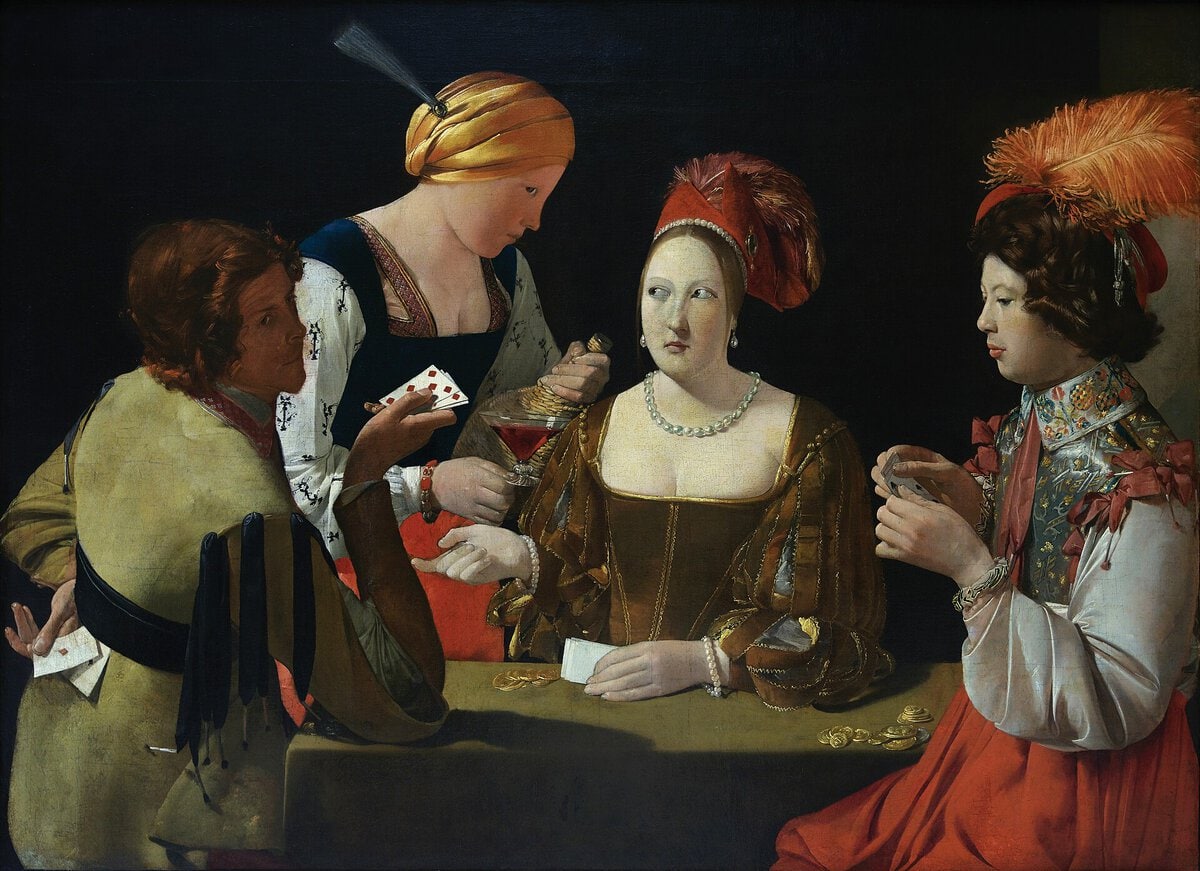 Georges de La Tour'un Karo Ası ile Hilebaz tablosu, kart masasında hile yapan oyuncu, 1636-1640